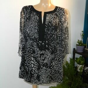 Sara Isabella Silk Tunic Top Womens XL Black White Animal Paisley Bell Sleeve